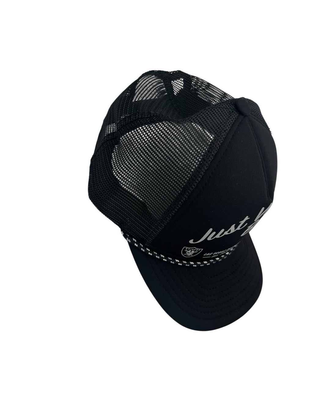 New Era Raiders Just Win Baby Trucker Hat Cap Black One Size Snapback
