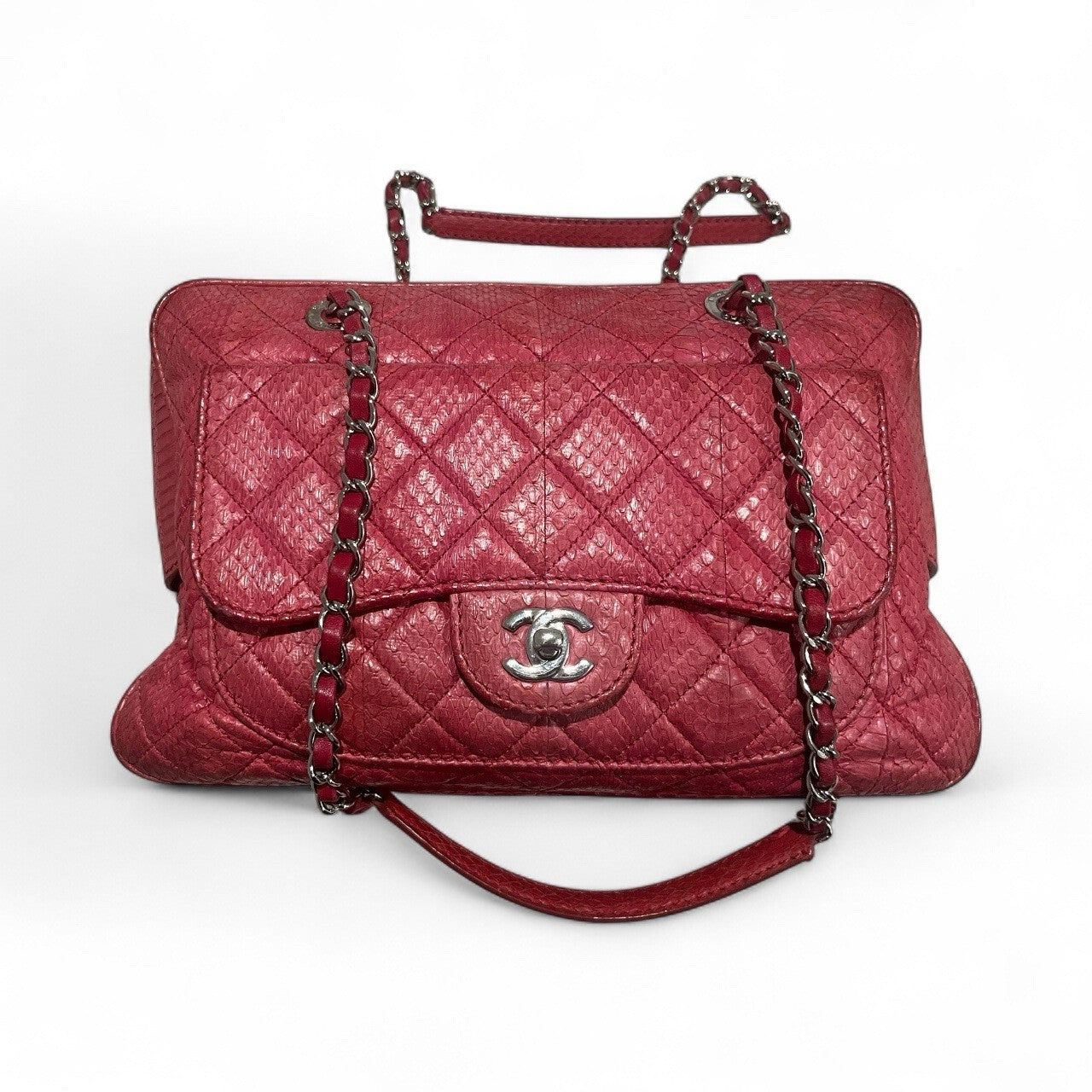 CHANEL Python Leather Shoulder Bag Fuscia Silver Hardware From Japan Rare