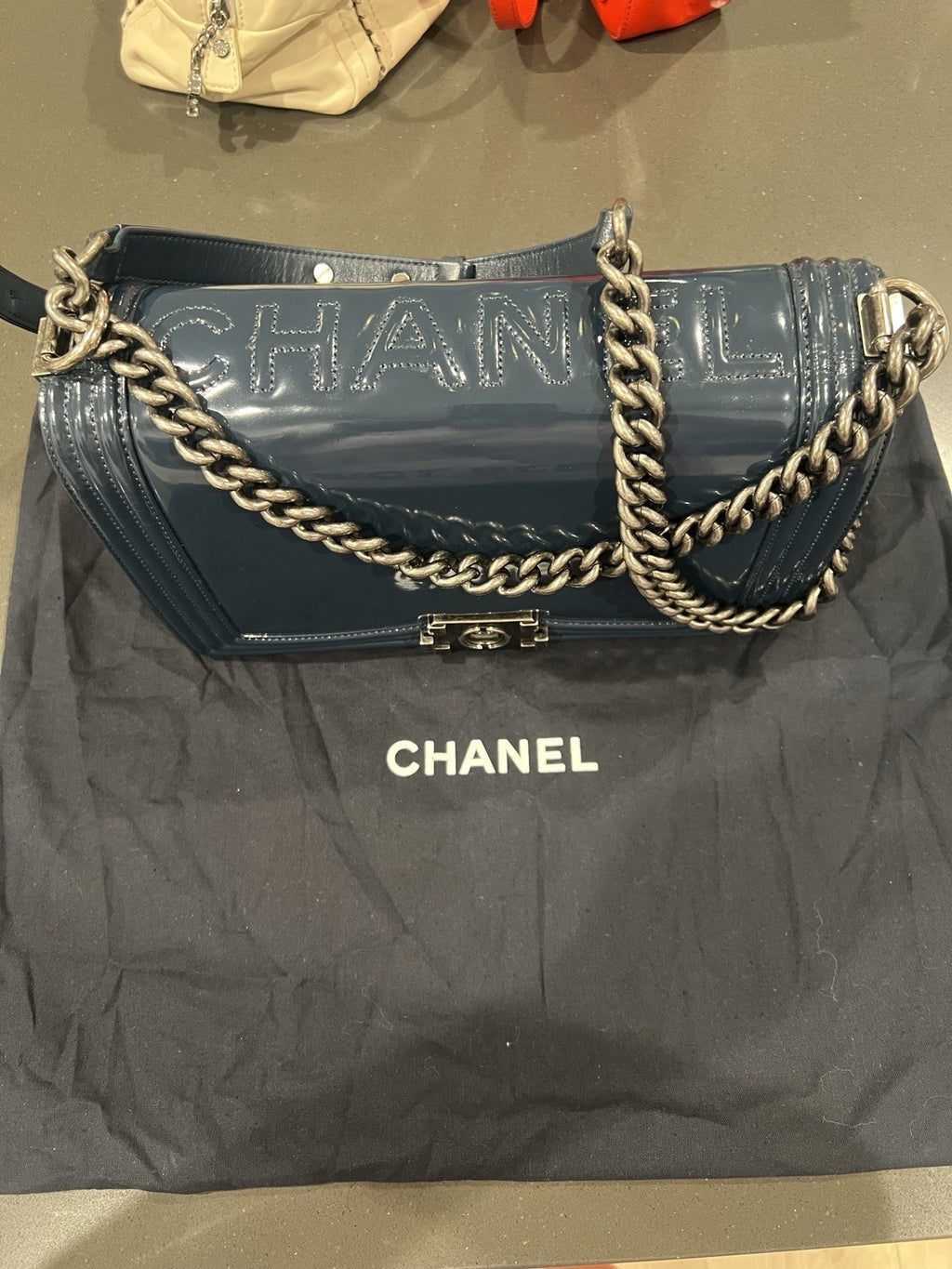 Chanel medium boy bag, calfskin, blue.