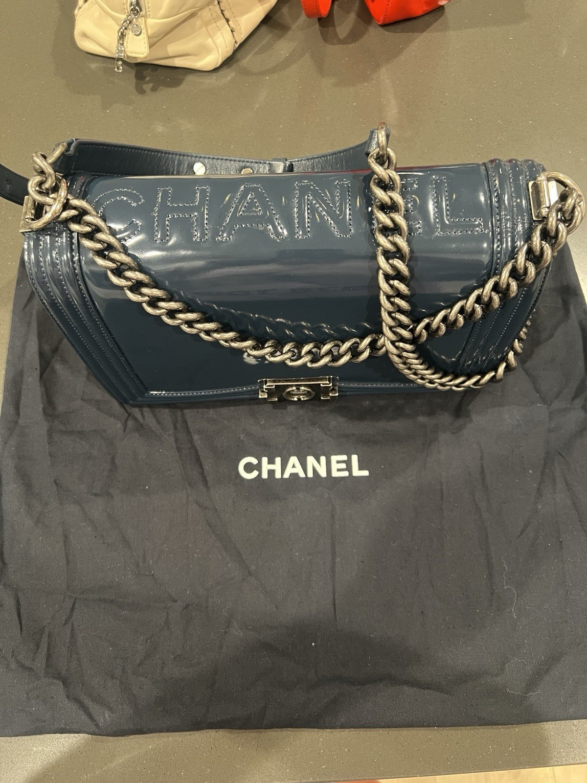 Chanel medium boy bag, calfskin, blue.