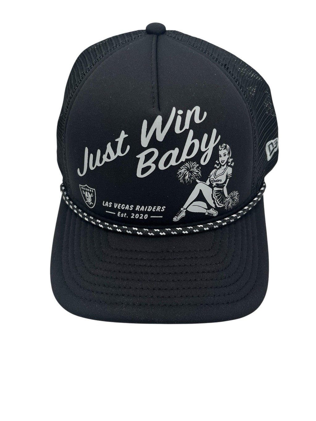 New Era Raiders Just Win Baby Trucker Hat Cap Black One Size Snapback