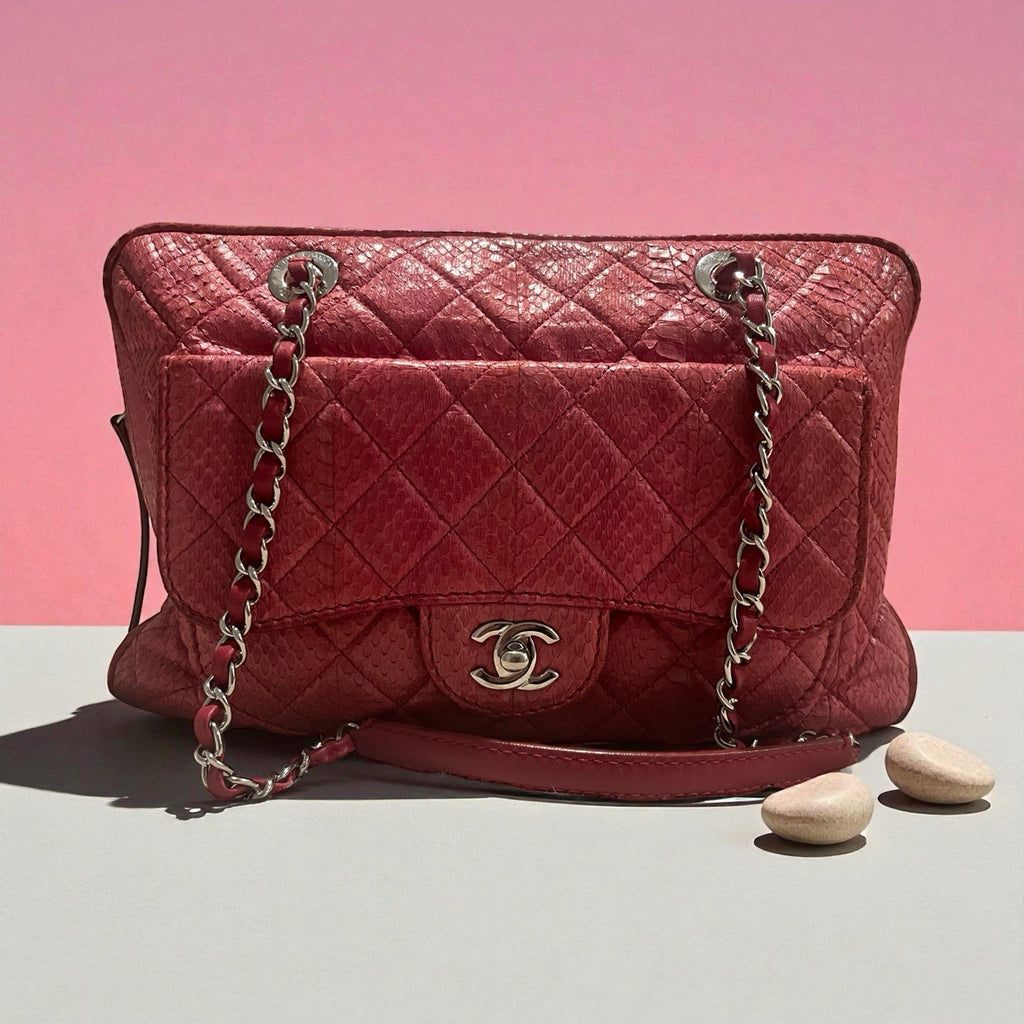 CHANEL Python Leather Shoulder Bag Fuscia Silver Hardware From Japan Rare