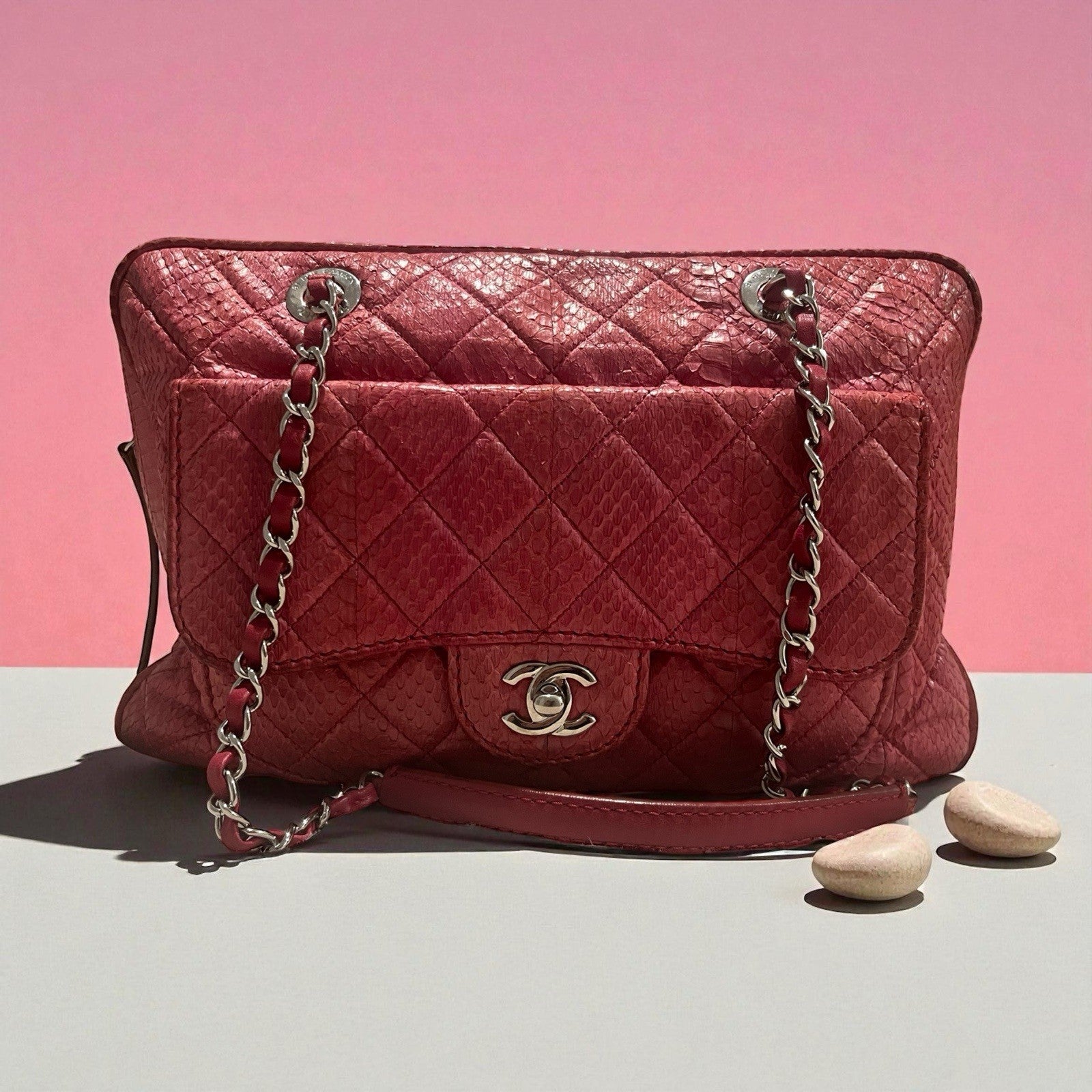 CHANEL Python Leather Shoulder Bag Fuscia Silver Hardware From Japan Rare