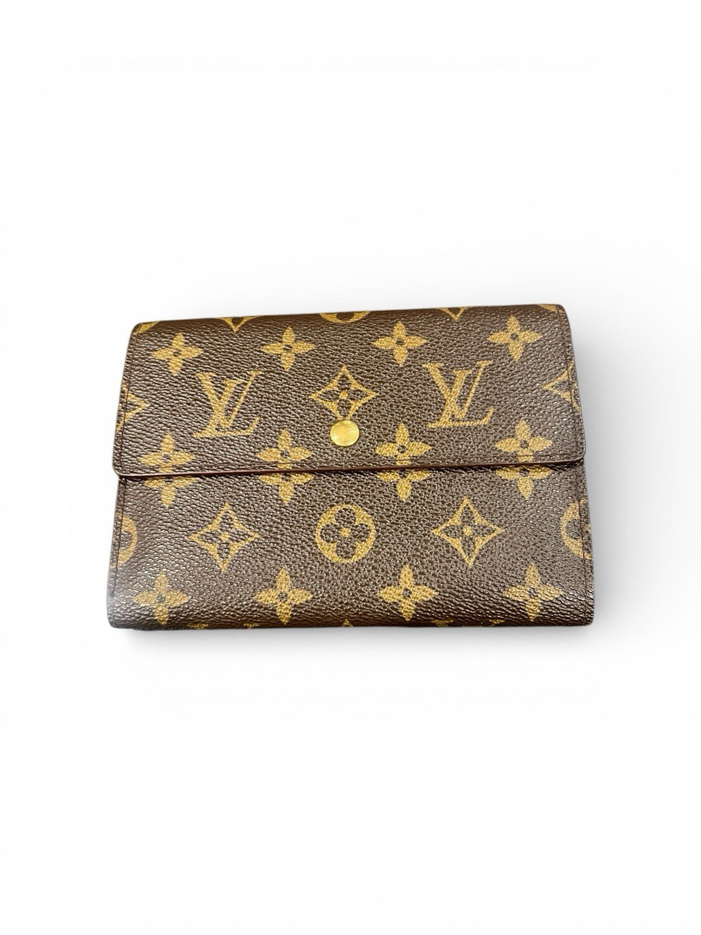 Louie Vuitton Monogram trifold wallet. Shows wear.