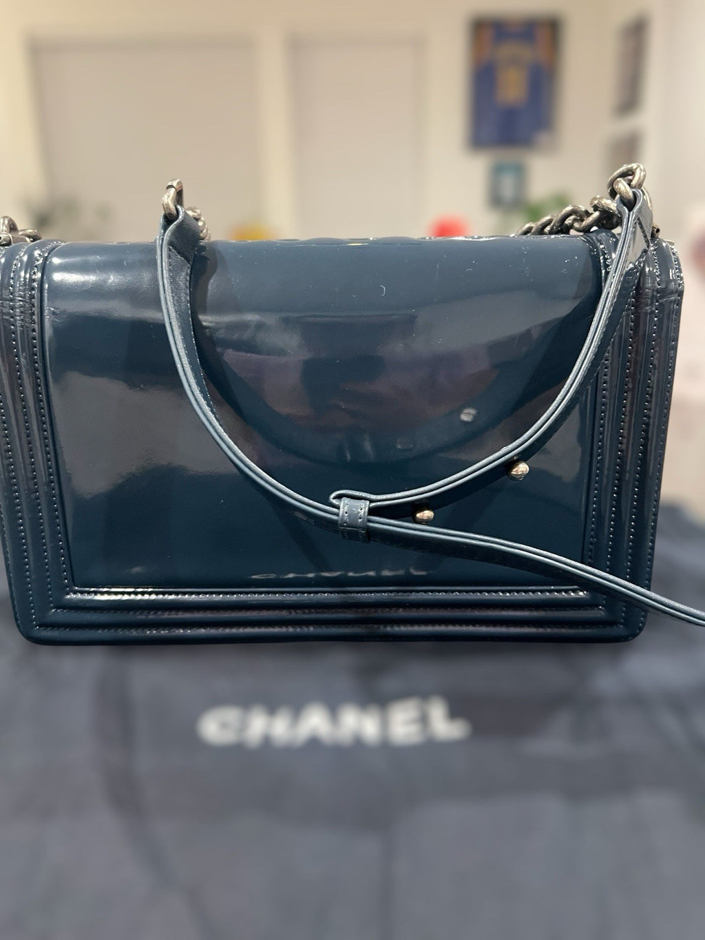 Chanel medium boy bag, calfskin, blue.