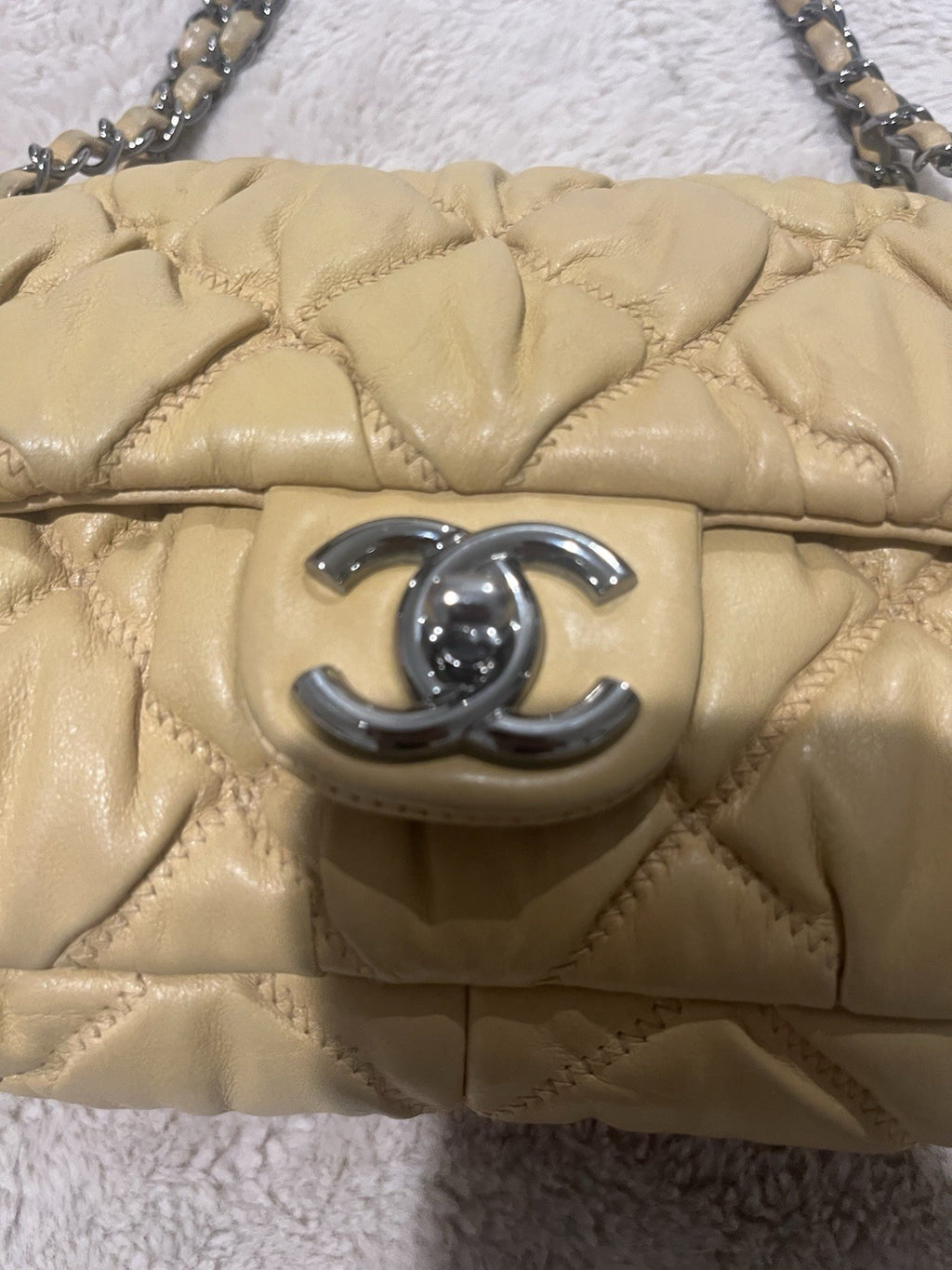 CHANEL CC Quilted Turn Lock Closure Shoulder Bag Medium Beige Leather