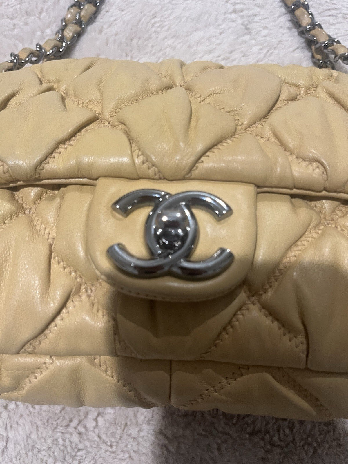 CHANEL CC Quilted Turn Lock Closure Shoulder Bag Medium Beige Leather