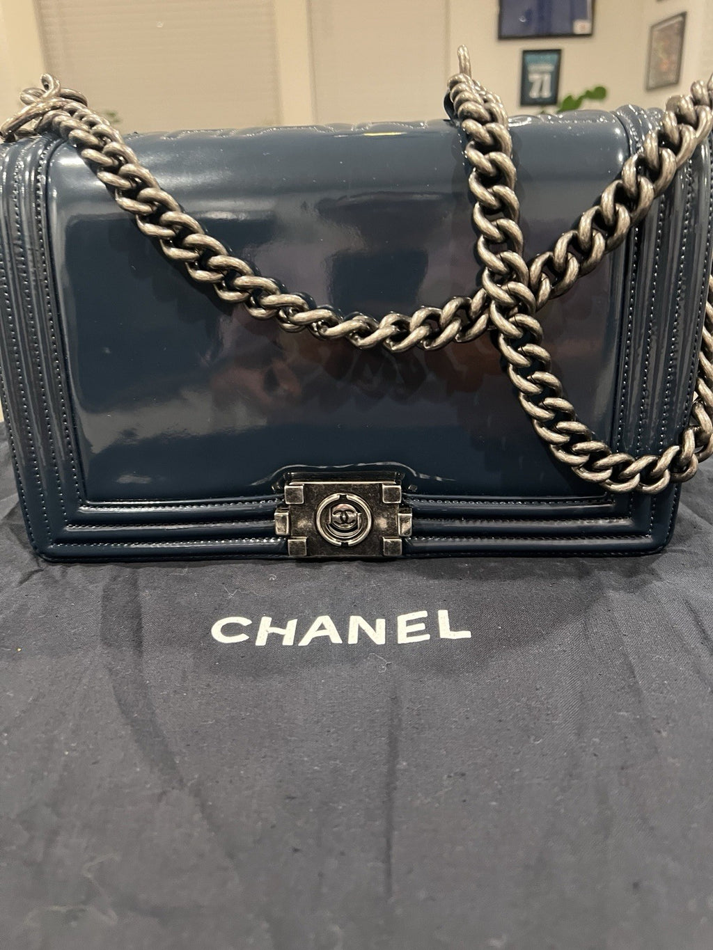 Chanel medium boy bag, calfskin, blue.