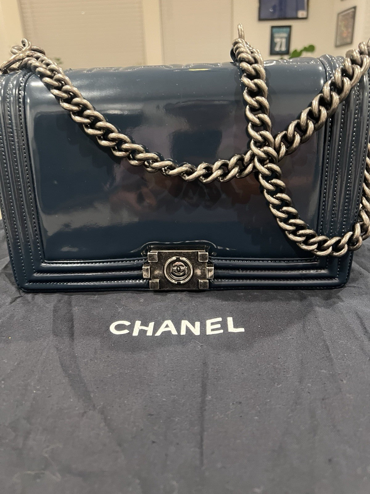 Chanel medium boy bag, calfskin, blue.