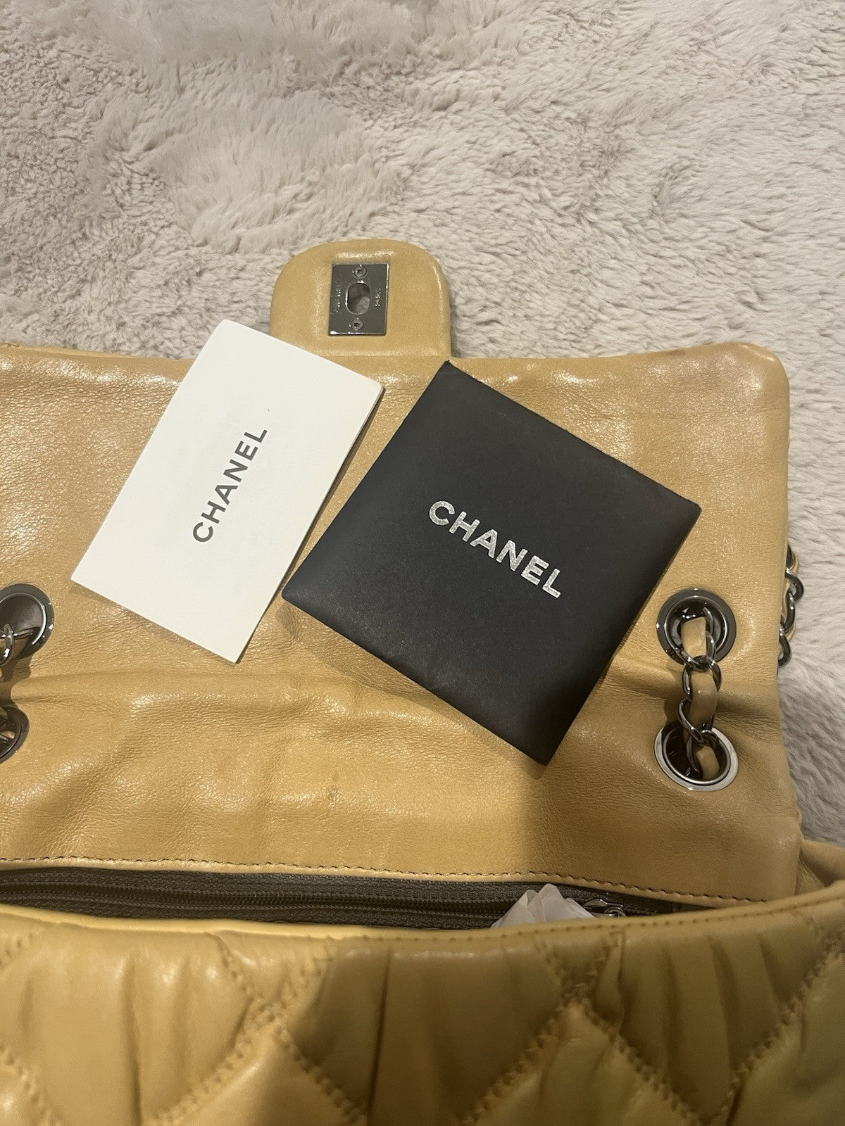 CHANEL CC Quilted Turn Lock Closure Shoulder Bag Medium Beige Leather