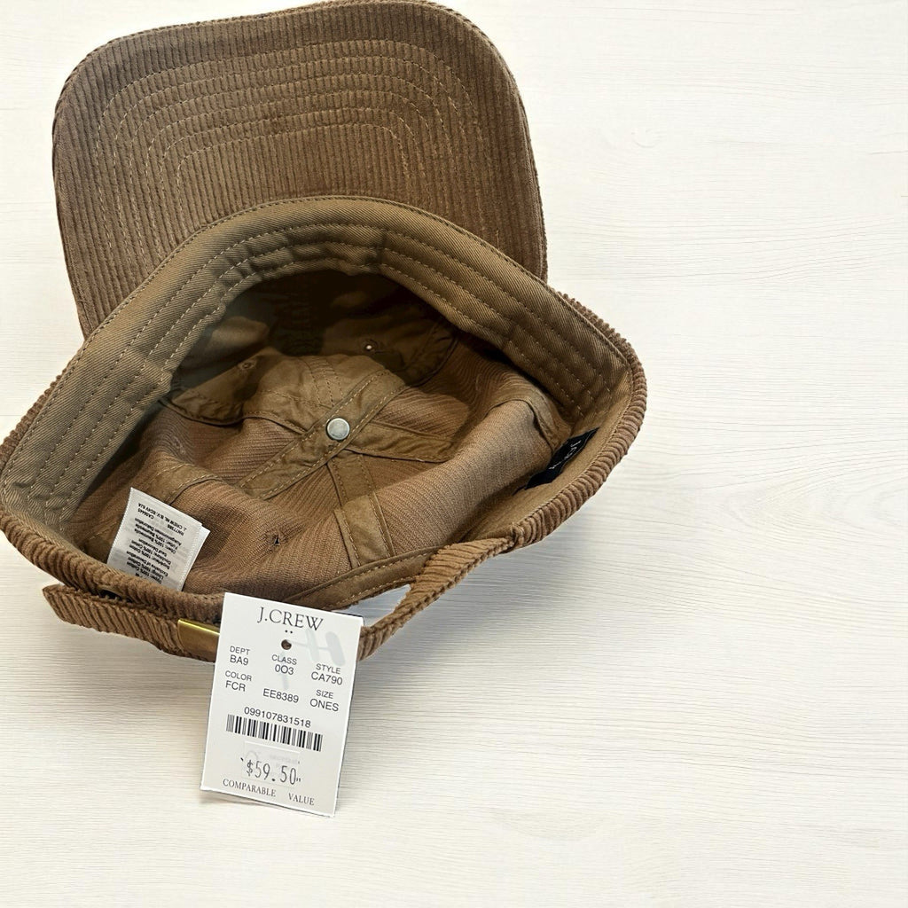 J Crew Mens Beige Corduroy Relaxed Fit Leather Strapback Adjustable Hat