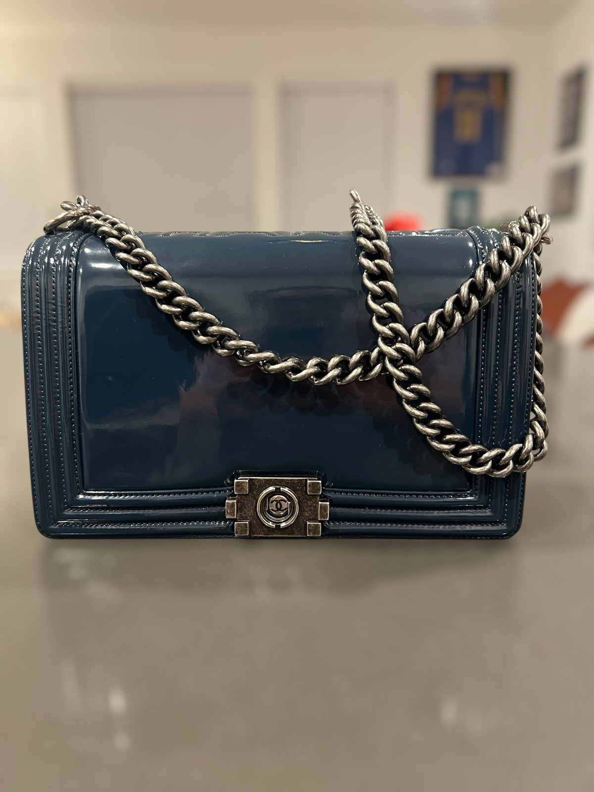Chanel medium boy bag, calfskin, blue.
