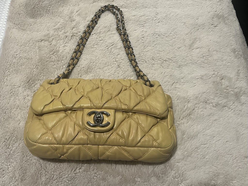 CHANEL CC Quilted Turn Lock Closure Shoulder Bag Medium Beige Leather