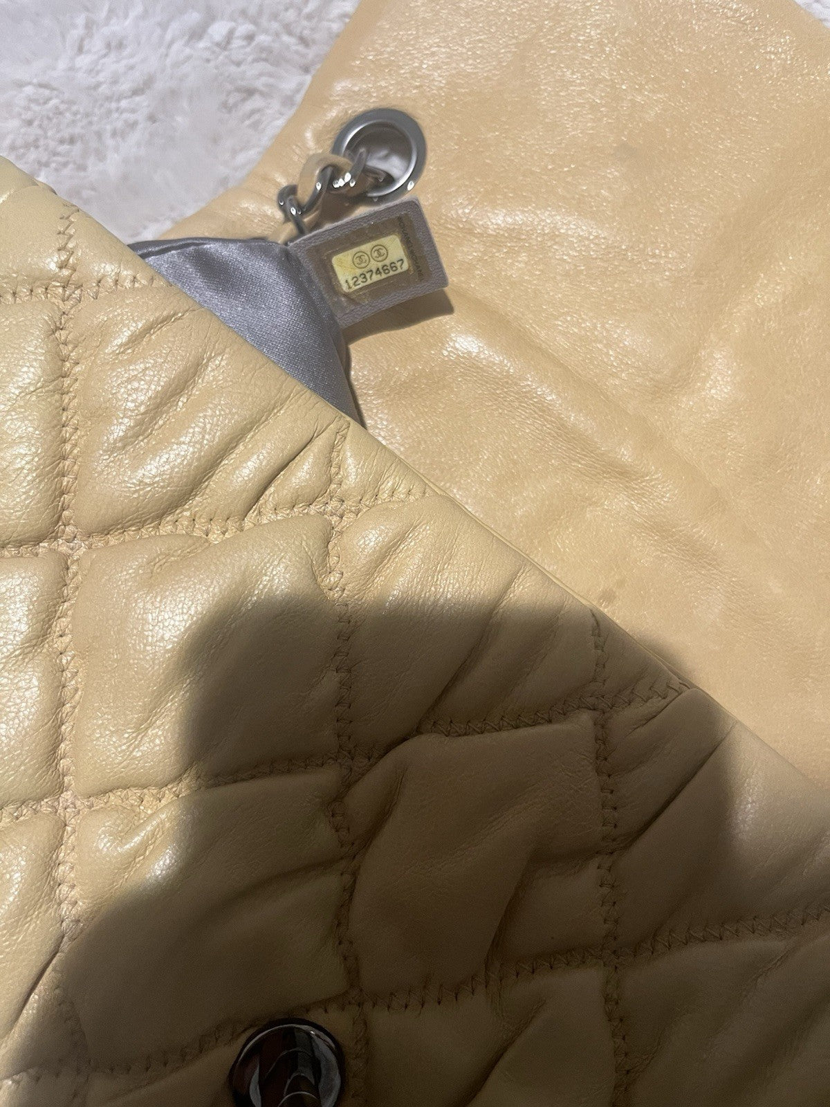 CHANEL CC Quilted Turn Lock Closure Shoulder Bag Medium Beige Leather