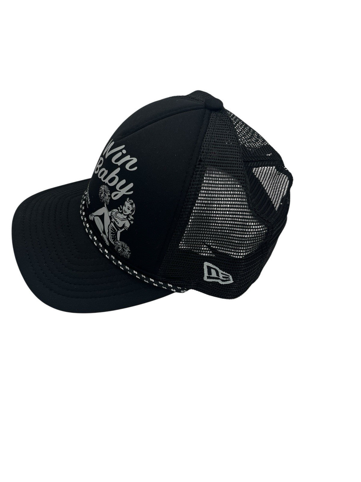 New Era Raiders Just Win Baby Trucker Hat Cap Black One Size Snapback